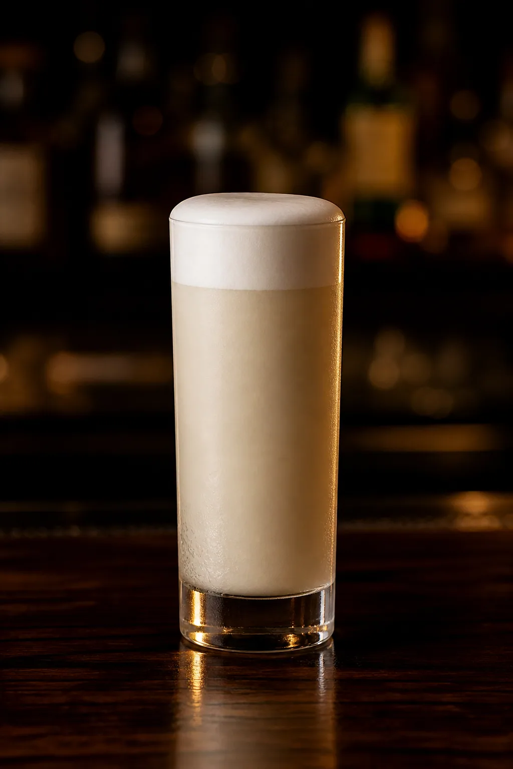Ramos Gin Fizz i smalt högt glas med vitt skum som reser sig över kanten