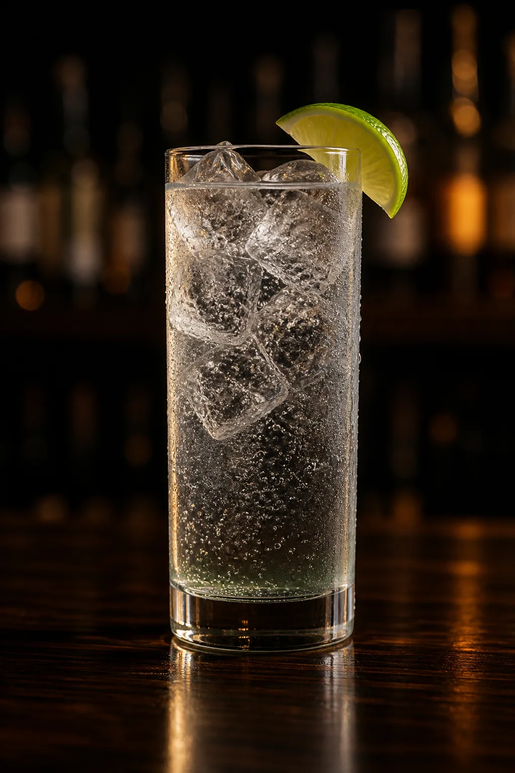 Ranch Water i highballglas med isbitar, klar bubblande drink och limeklyfta