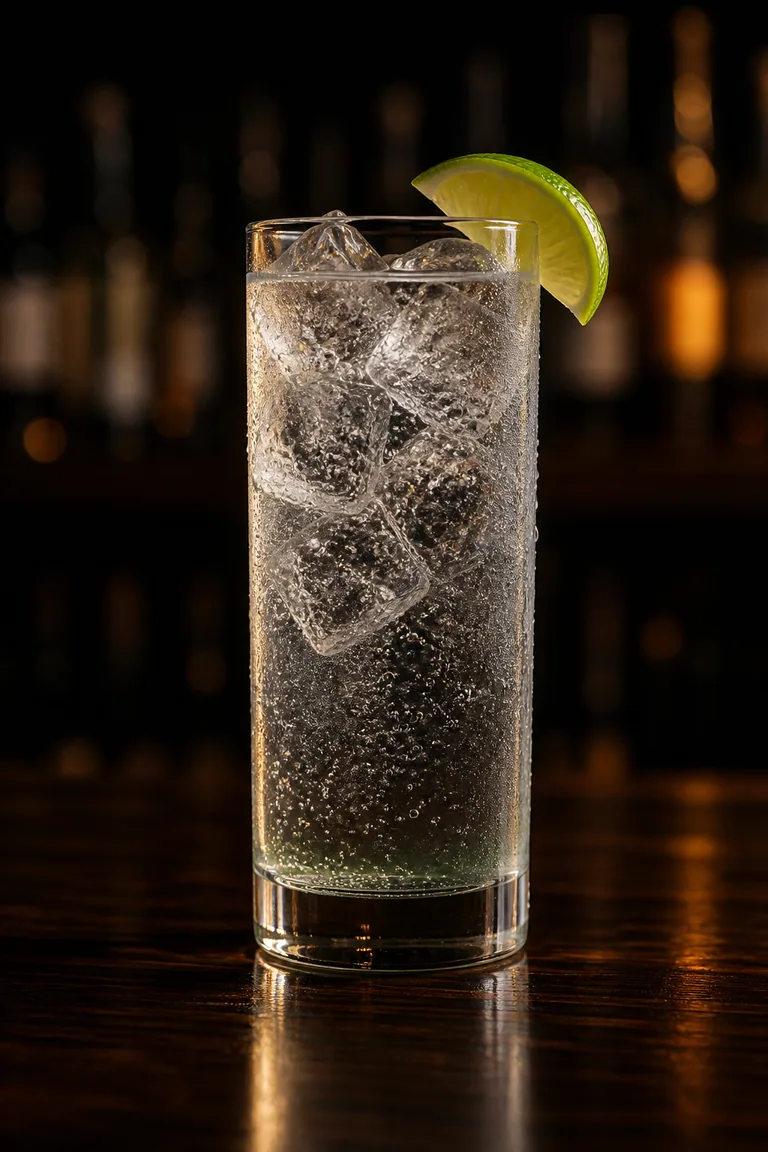 Ranch Water i highballglas med isbitar, klar bubblande drink och limeklyfta