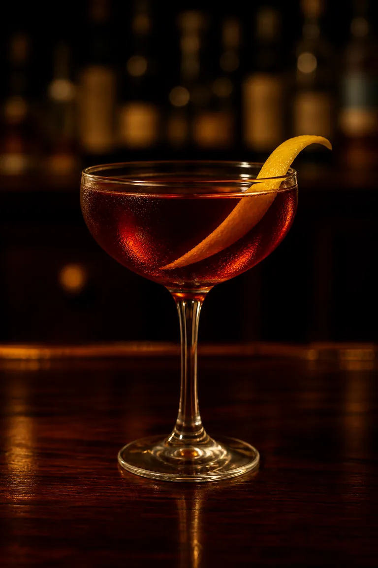 Remember the Maine i coupe, djupt rödbrun klar drink med citronzest