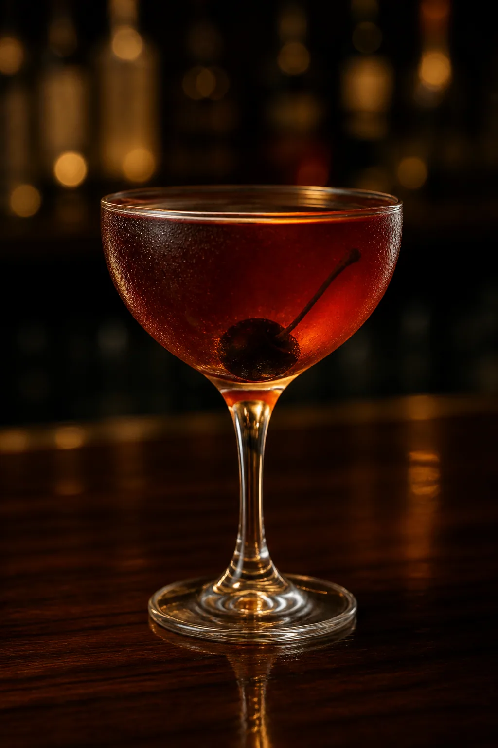 Rob Roy i coupeglas, klar mahognyröd drink med ett cocktailbär i botten