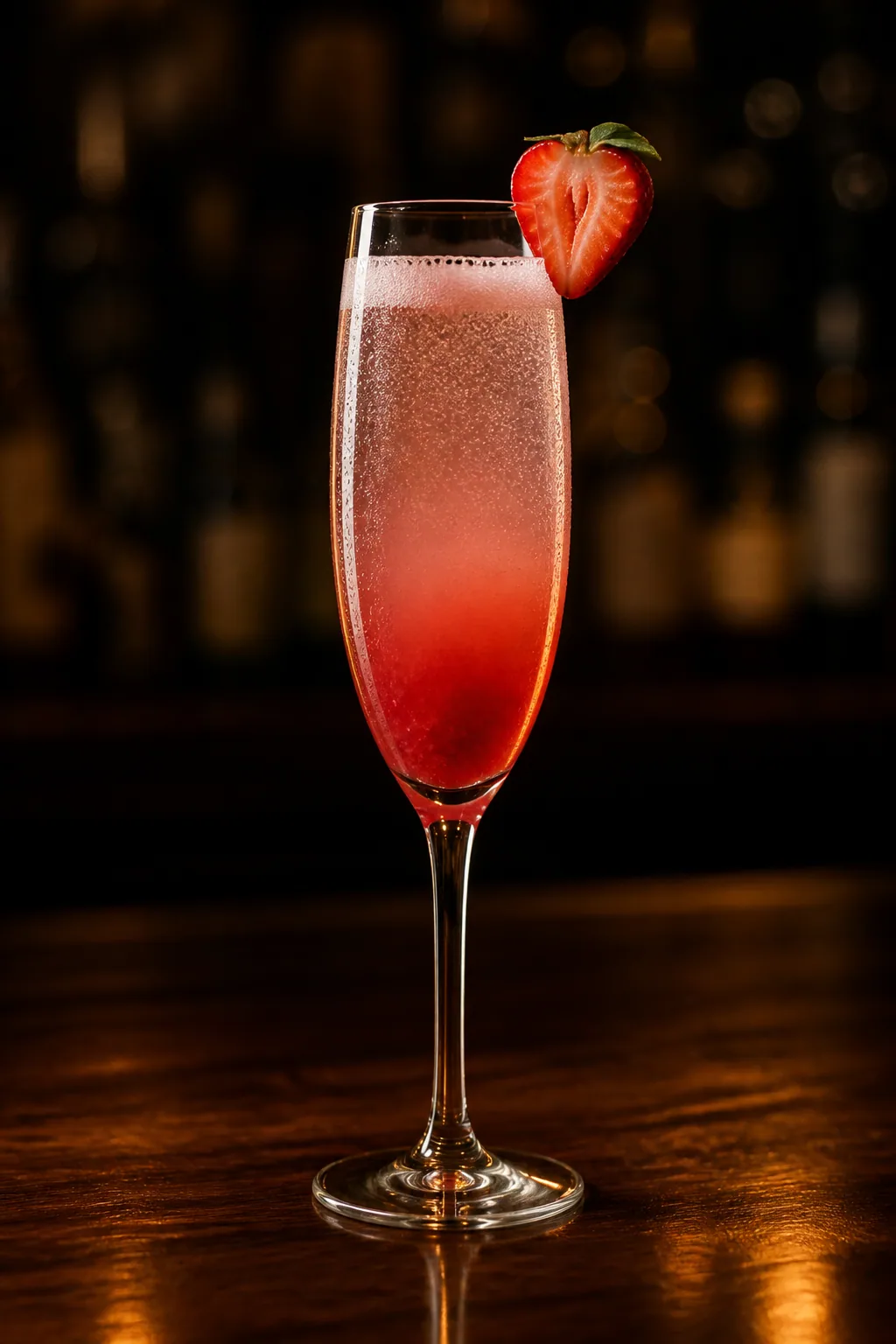 Rossini i champagneglas med jordgubbsröd botten och blekare bubblande topp