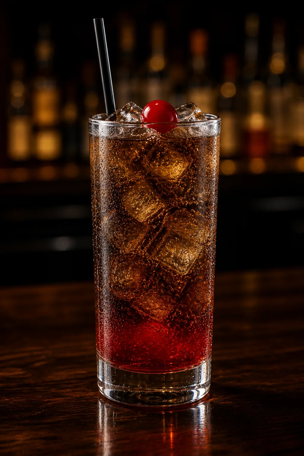 Roy Rogers i highballglas med cola, grenadin och ett cocktailbär