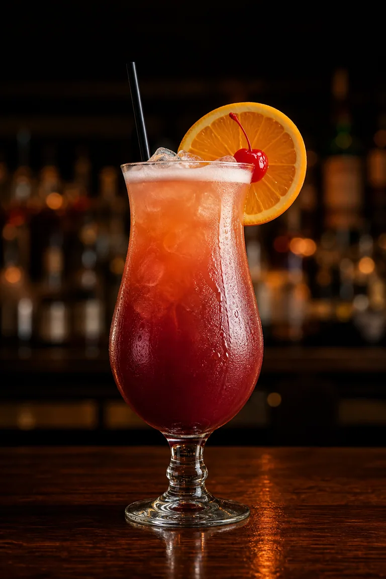 Rum Runner i hurricaneglas med is, apelsinskiva och cocktailbär