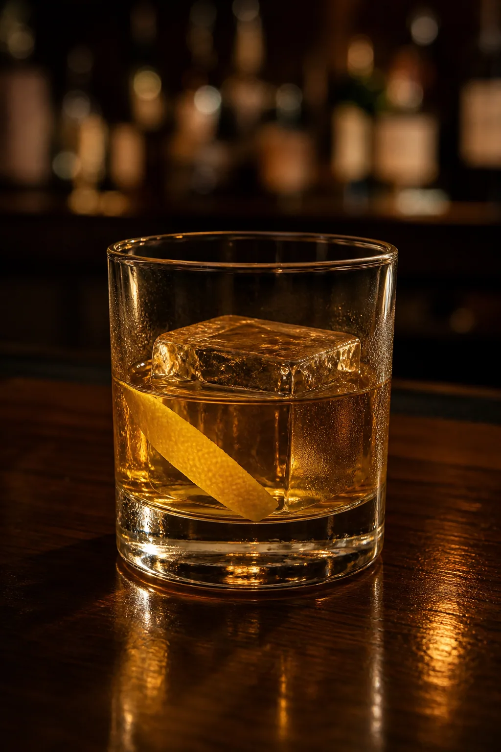 Rusty Nail i lowballglas med stor isbit och citronzest