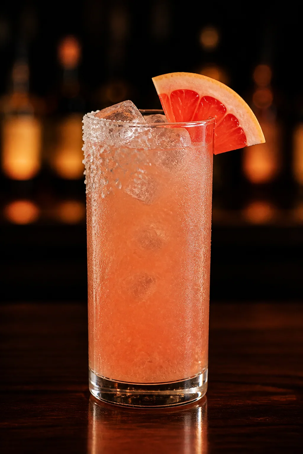 Salty Dog i highballglas med saltkant, is och grapefruktklyfta