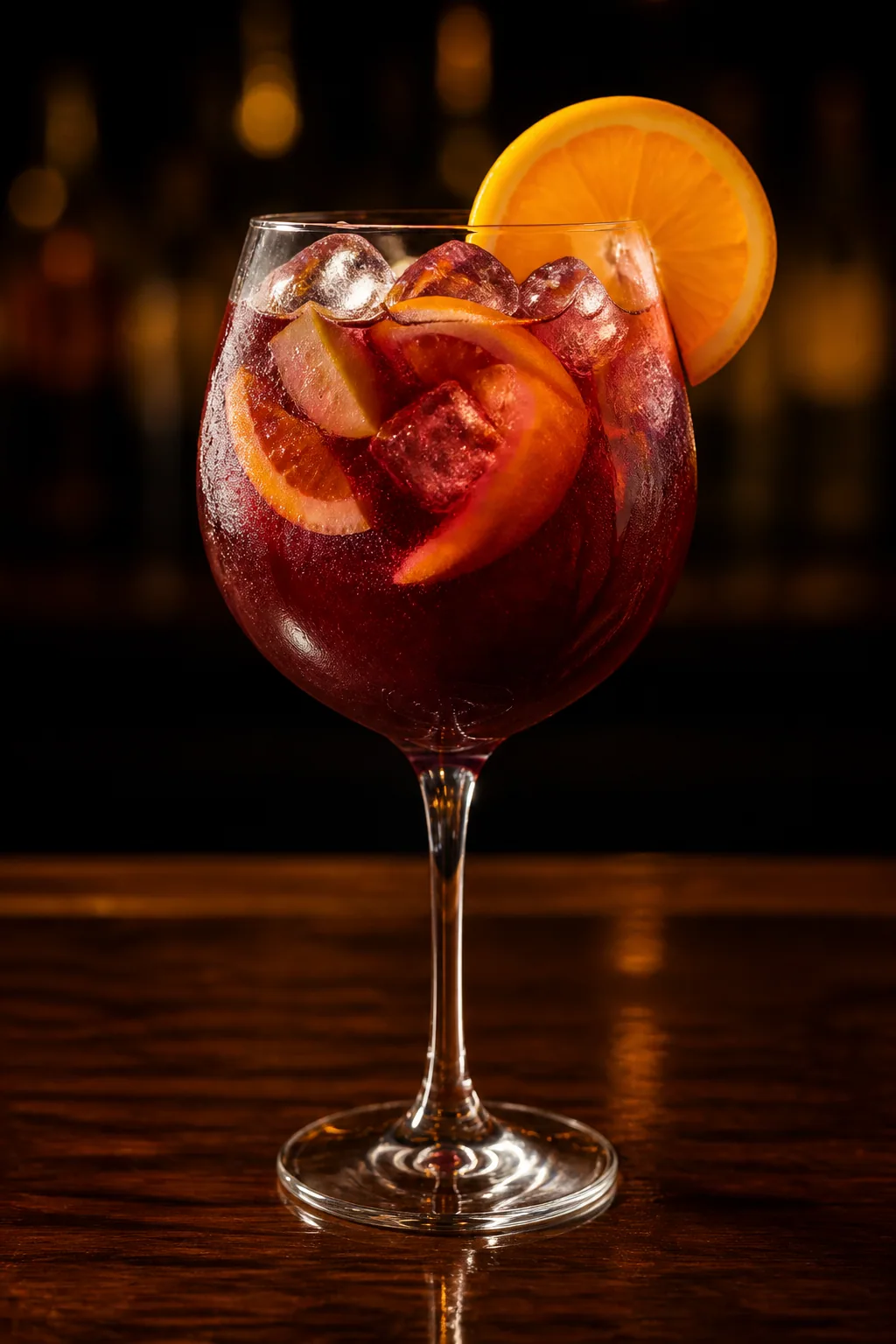 Sangria i vinglas med is, apelsinskivor och citronskivor ur kannan