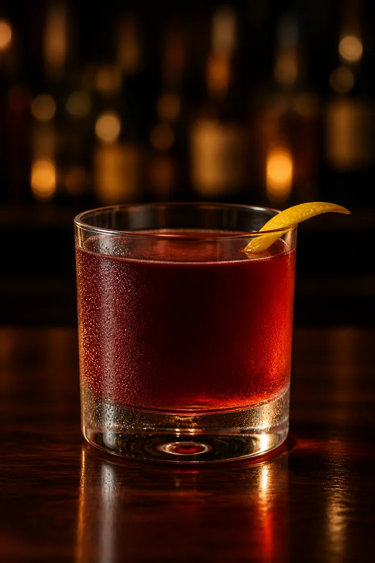 Sazerac i lowballglas utan is, rödbrun drink med citronzest på kanten