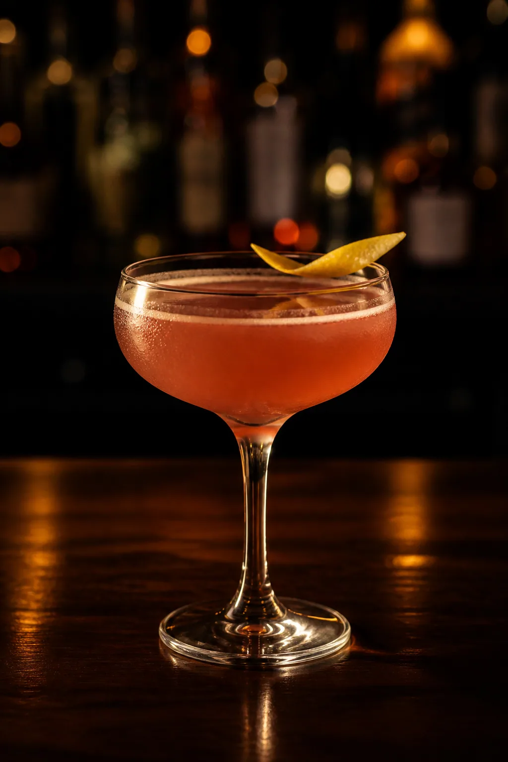 Scofflaw i coupeglas, blekt rosaröd klar drink med citronzest på kanten