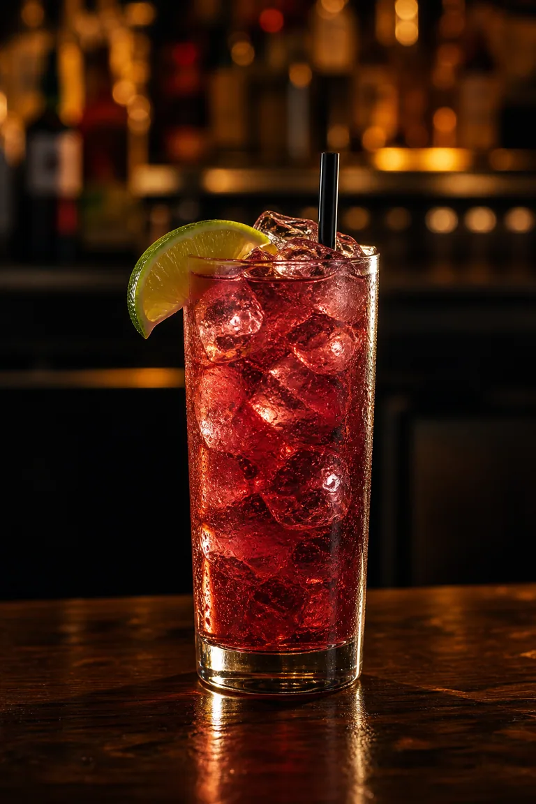Sea Breeze i highballglas med rosaröd drink, isbitar och limeklyfta