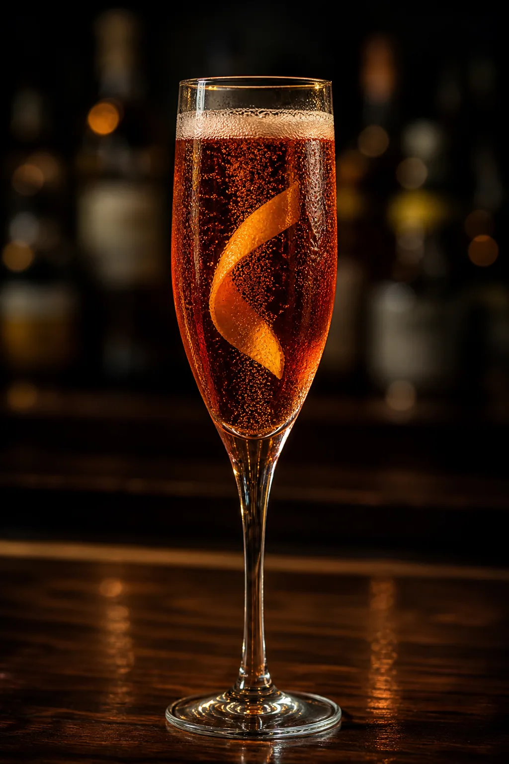 Seelbach i champagneglas, tegelröd bubblande drink med apelsinzest