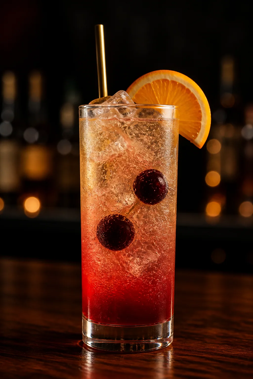 Shirley Temple i highballglas med röd botten, ljusare topp, isbitar och cocktailbär