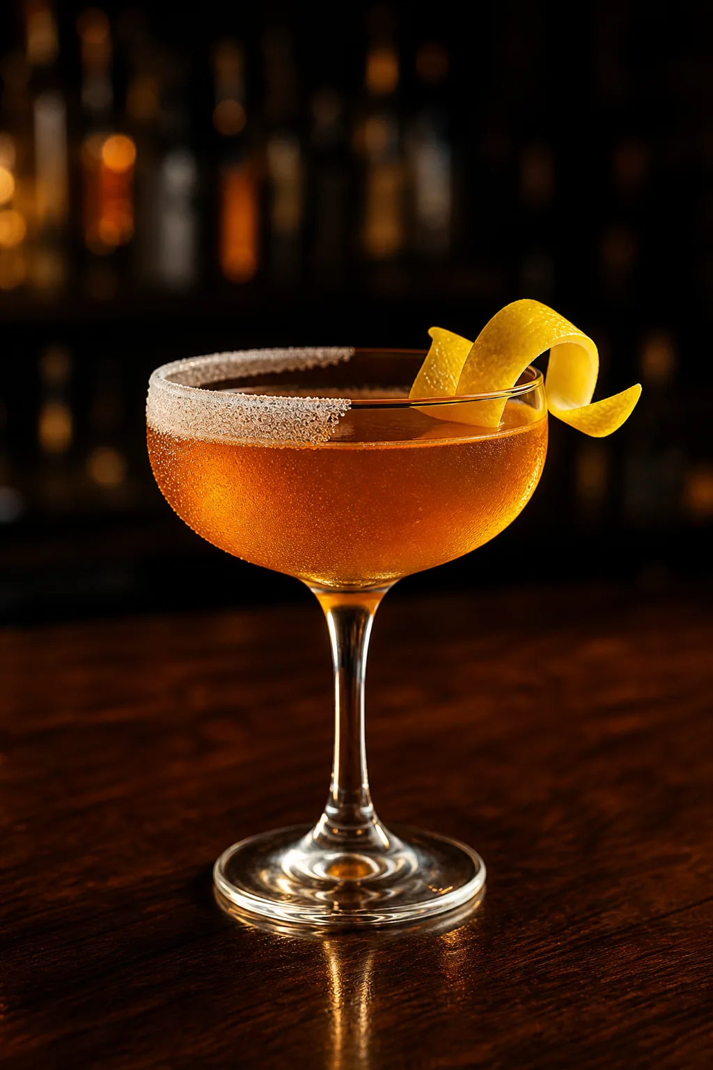 Sidecar i coupeglas med sockerkant på halva kanten och en vriden citronzest