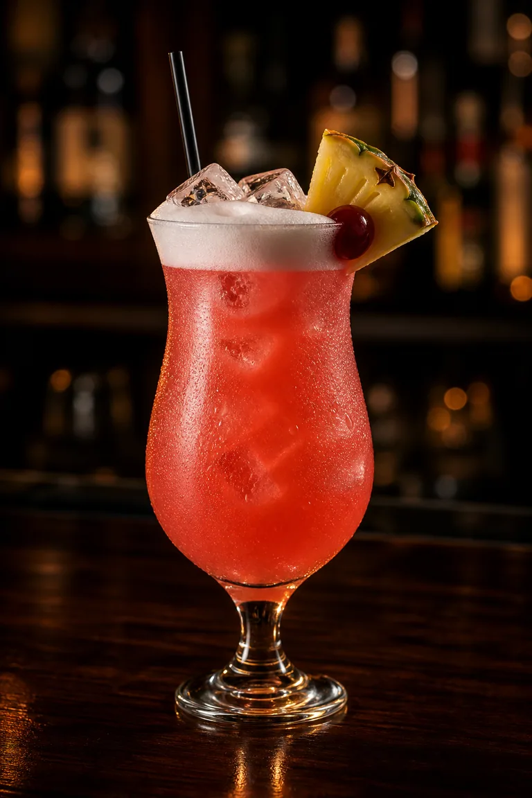 Singapore Sling i hurricaneglas med rosaröd färg, skumkrona och ananasklyfta
