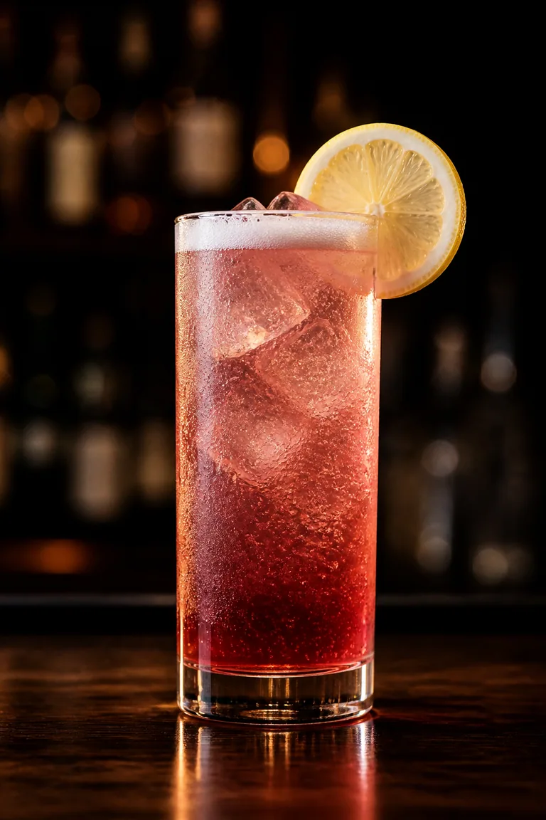 Sloe Gin Fizz i highballglas, mörkt rosaröd med vitt skum och citronskiva