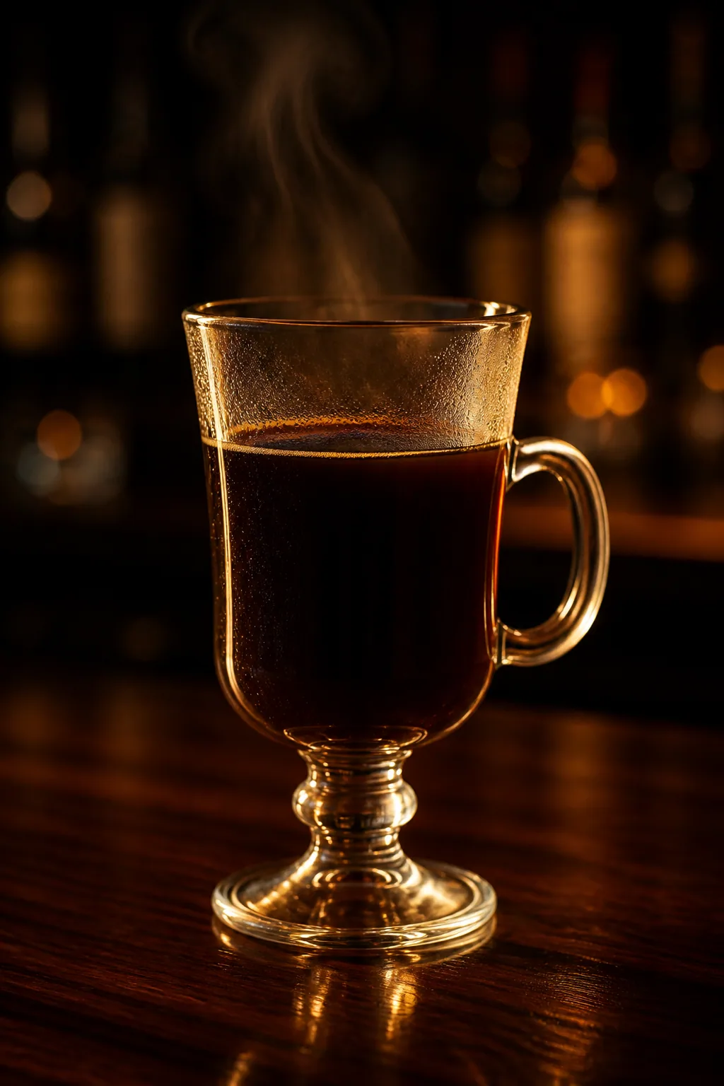 Gök i irish-coffee-glas med hett svart kaffe och sprit, utan garnering