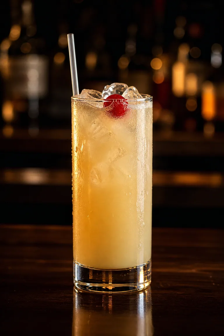 Snowball i highballglas med ljusgul krämig drink, is och ett cocktailbär