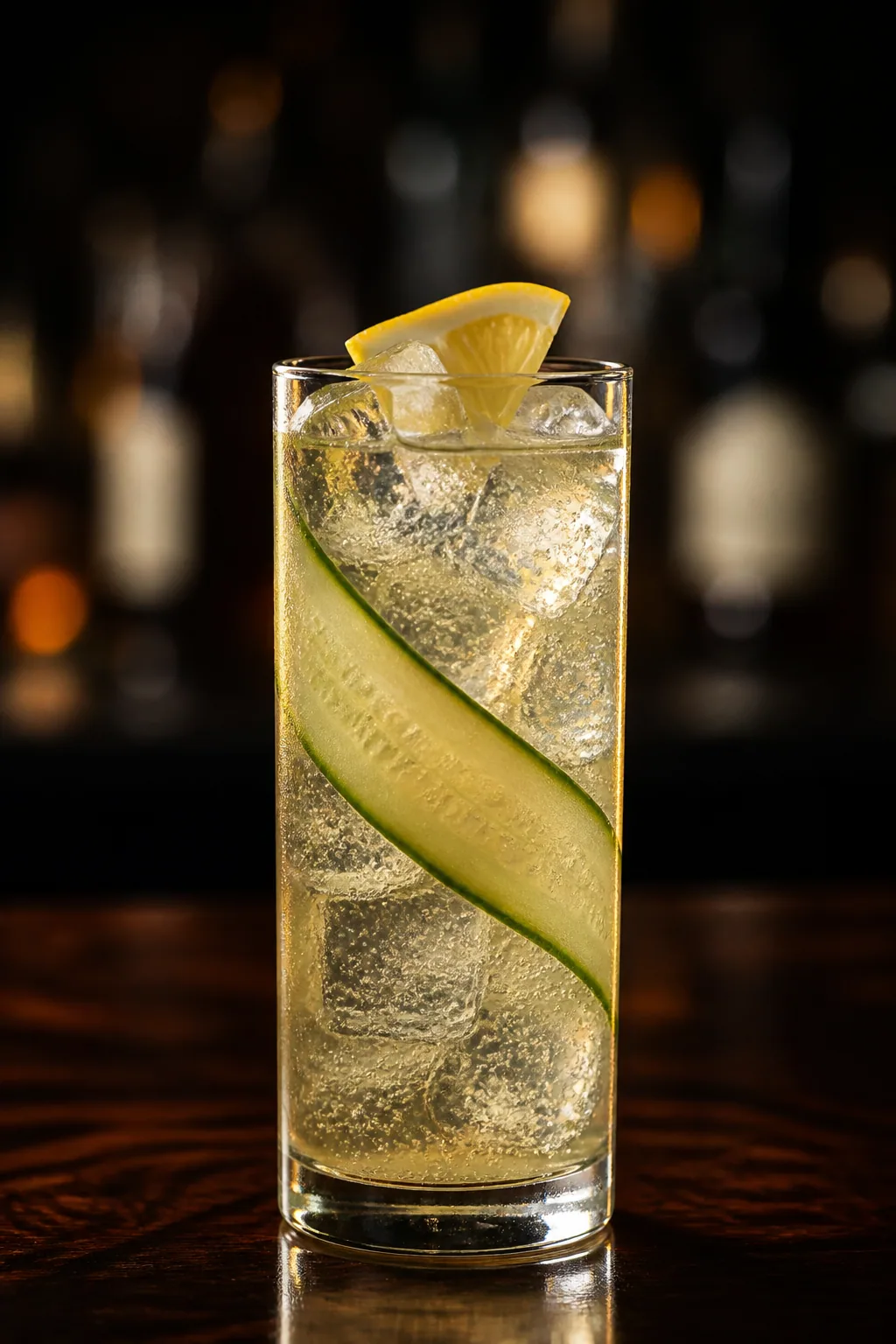 Suze & tonic i highballglas med blekgul drink, gurkstrimla och citron