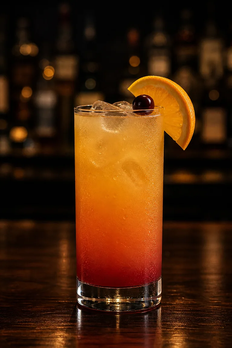 Tequila Sunrise i highballglas med röd botten som tonar upp i orange