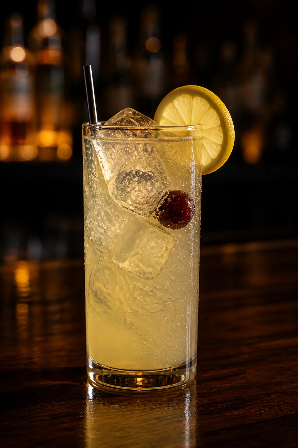 Tom Collins i högt glas med isbitar, citronskiva och sugrör