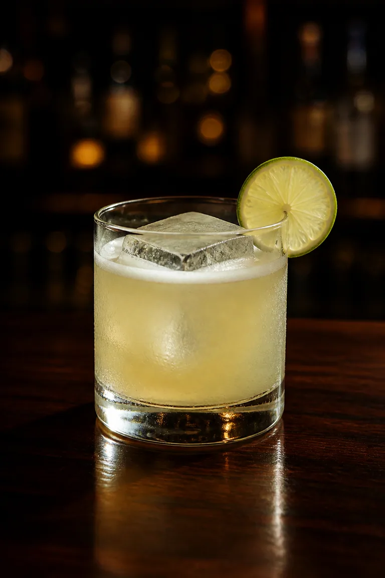 Tommy’s Margarita i lowballglas över en stor isbit med limeskiva