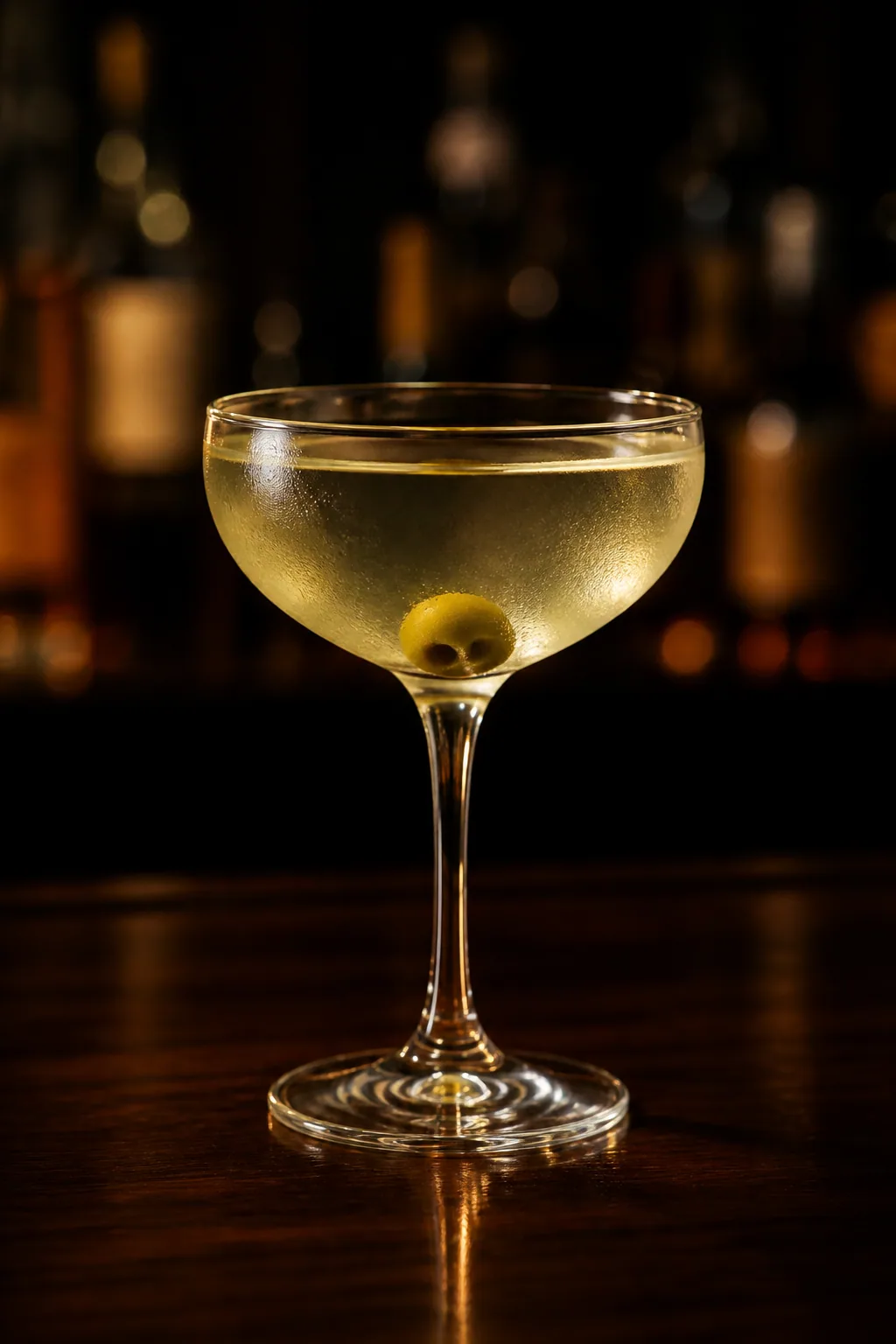 Turf Cocktail i coupe, blek gulaktig klar drink med en grön oliv i botten