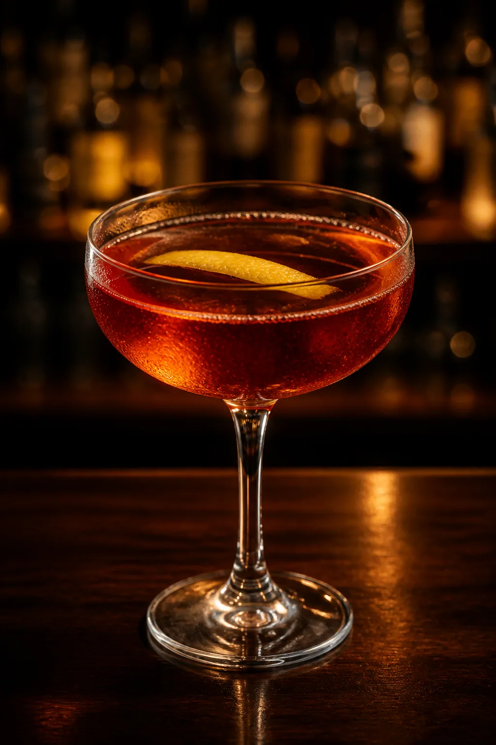 Twelve Mile Limit i coupeglas, rosaröd klar drink med citronzest