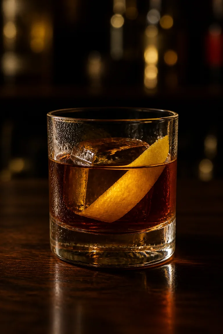 Vieux Carré i lowballglas över en stor isbit med citronzest