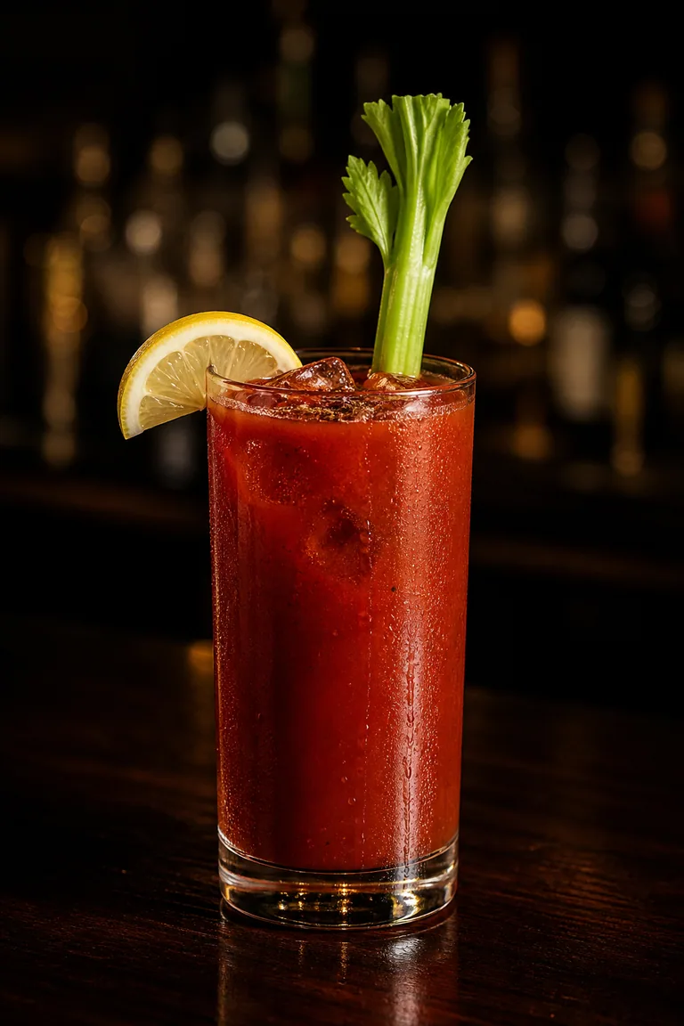 Virgin Mary i highballglas med isbitar, selleristjälk, citronklyfta och nymalen peppar