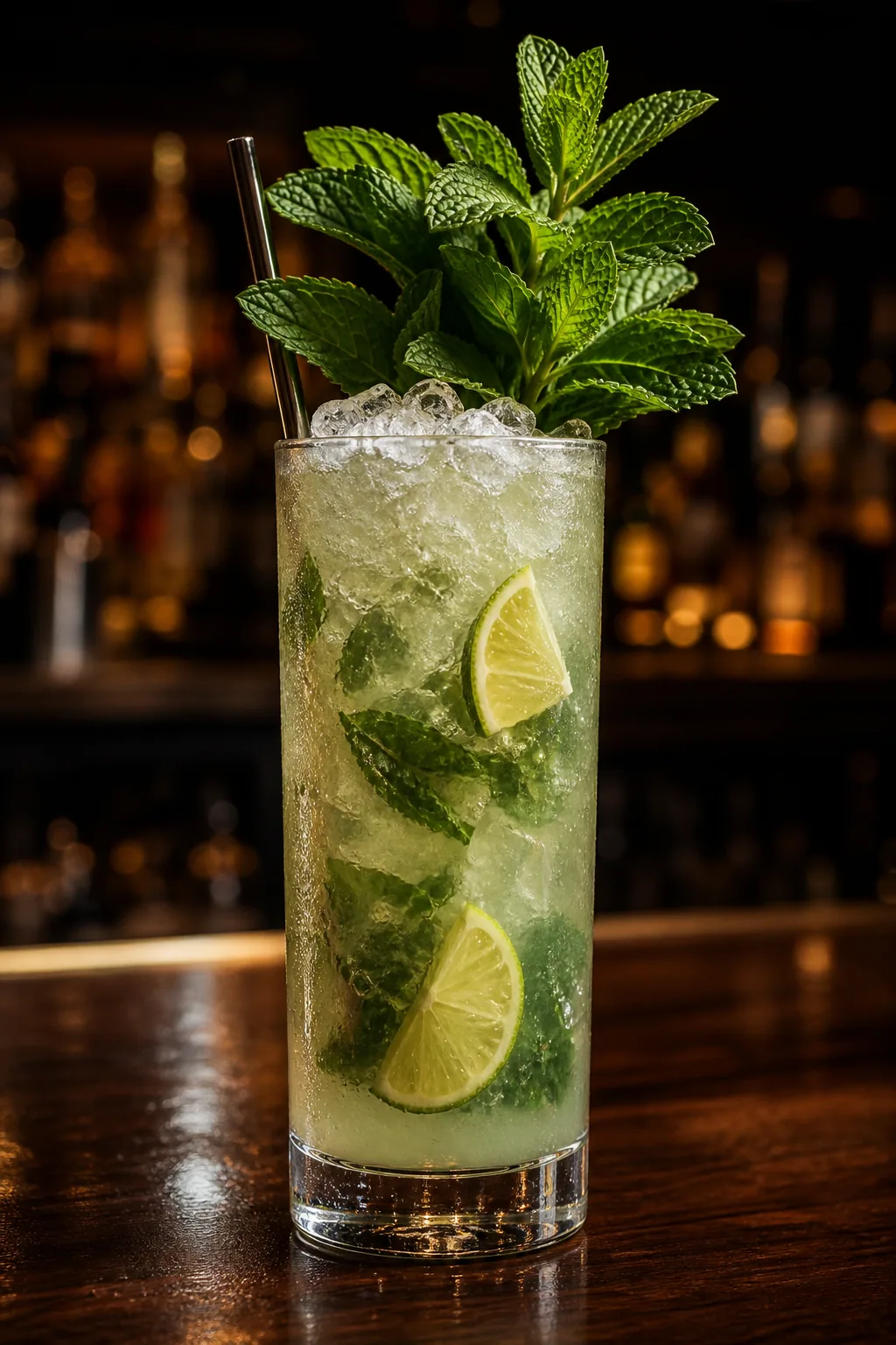 Virgin Mojito i highballglas med krossis, limeklyftor och en stor myntakvist