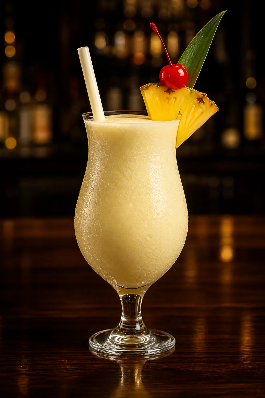 Virgin Piña Colada i hurricaneglas, krämigt gulvit med ananasklyfta och cocktailbär