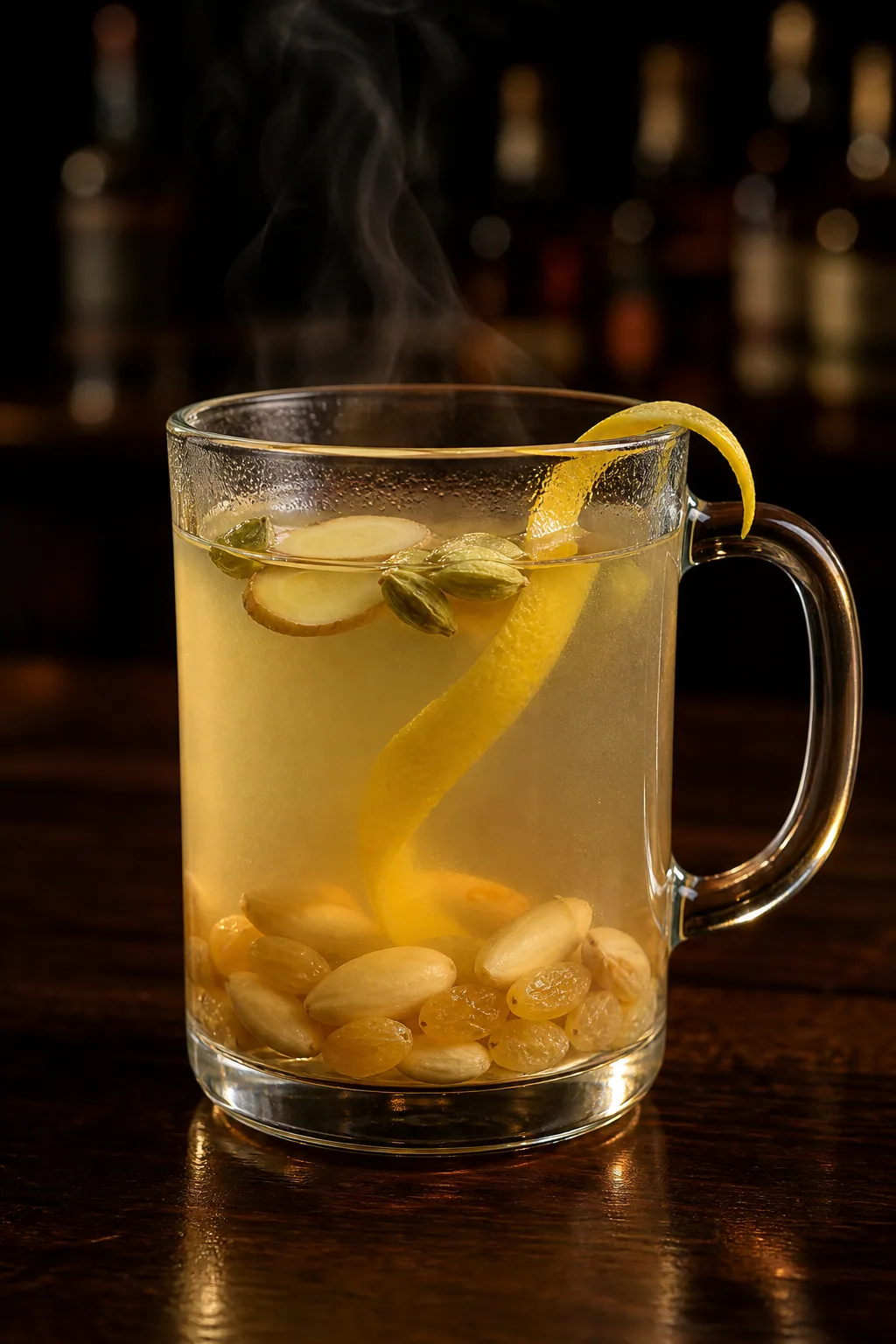 Ljusgul vit glögg i toddyglas med russin, mandel och citronskal