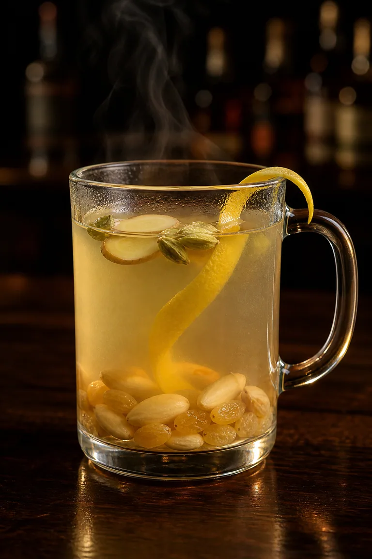 Ljusgul vit glögg i toddyglas med russin, mandel och citronskal