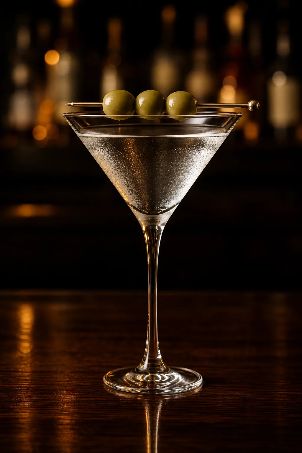 Vodka Martini i kylt martiniglas med tre oliver på pinne