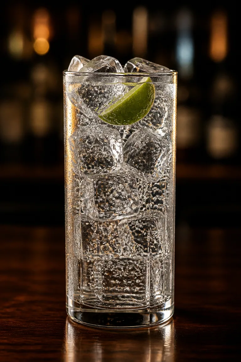 Vodka Tonic i highballglas fyllt med is och en limeklyfta