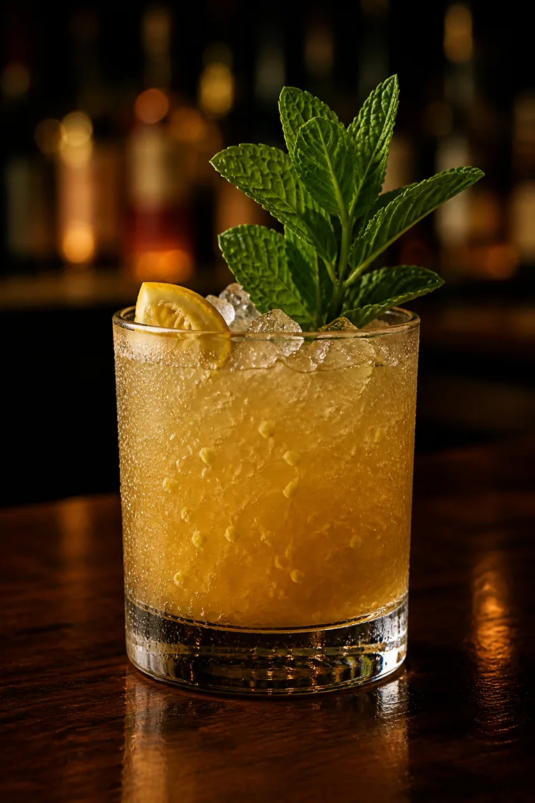 Whiskey Smash i lowballglas med krossis, myntakvist och muddlad citron