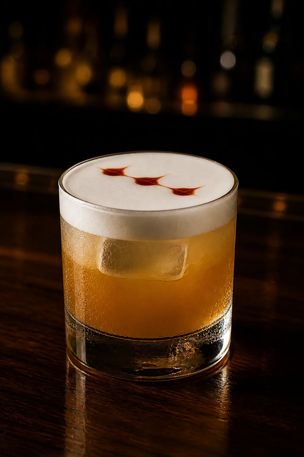 Whiskey Sour i lowballglas med vitt skum och mönster av angostura