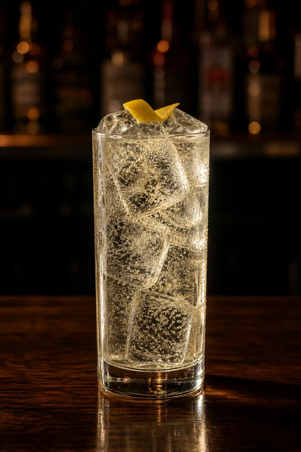 Whisky Highball i högt glas fyllt med klar is, blek gyllene drink med kolsyra