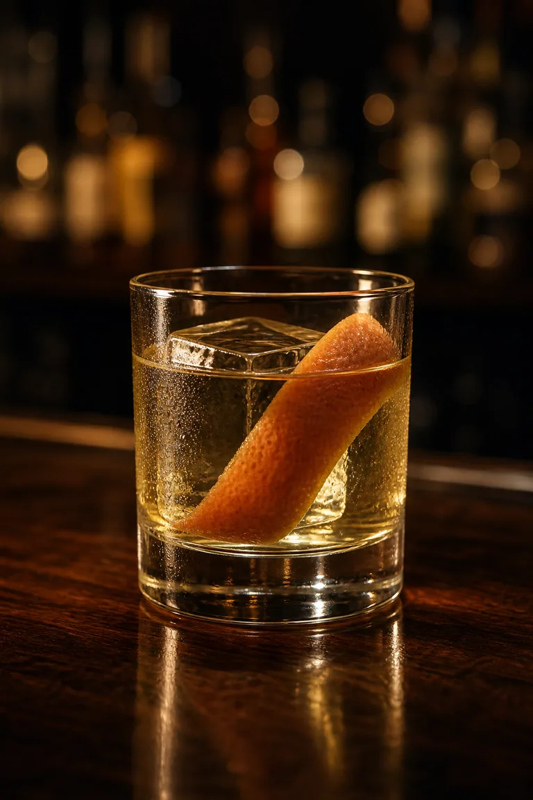 White Negroni i lowballglas med stor isbit och grapefruktzest