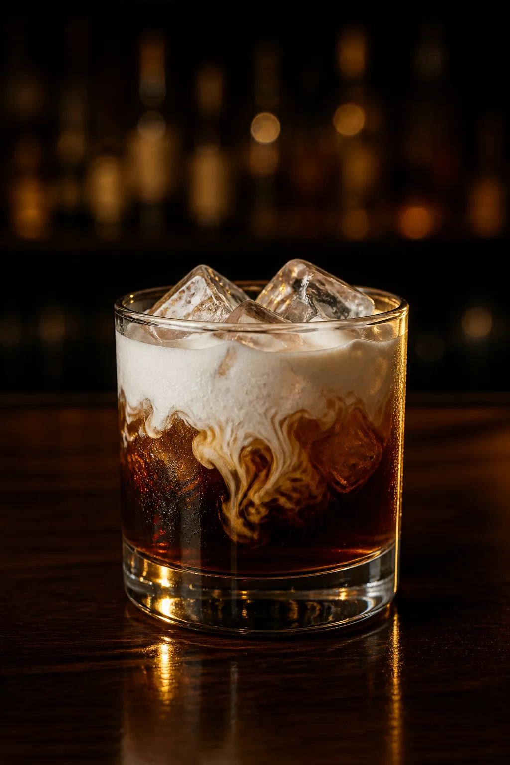 White Russian i lowballglas med skiktad grädde över mörk kaffelikör