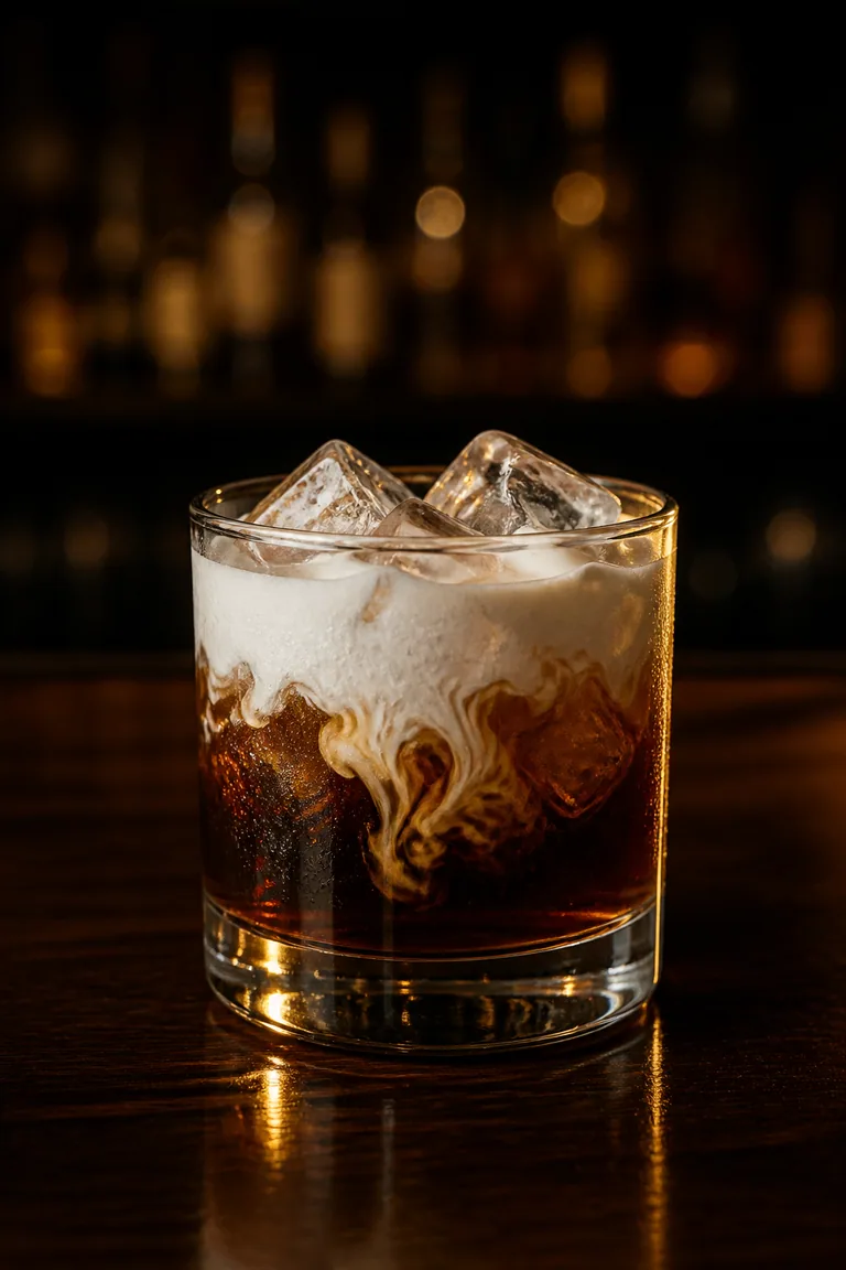 White Russian i lowballglas med skiktad grädde över mörk kaffelikör