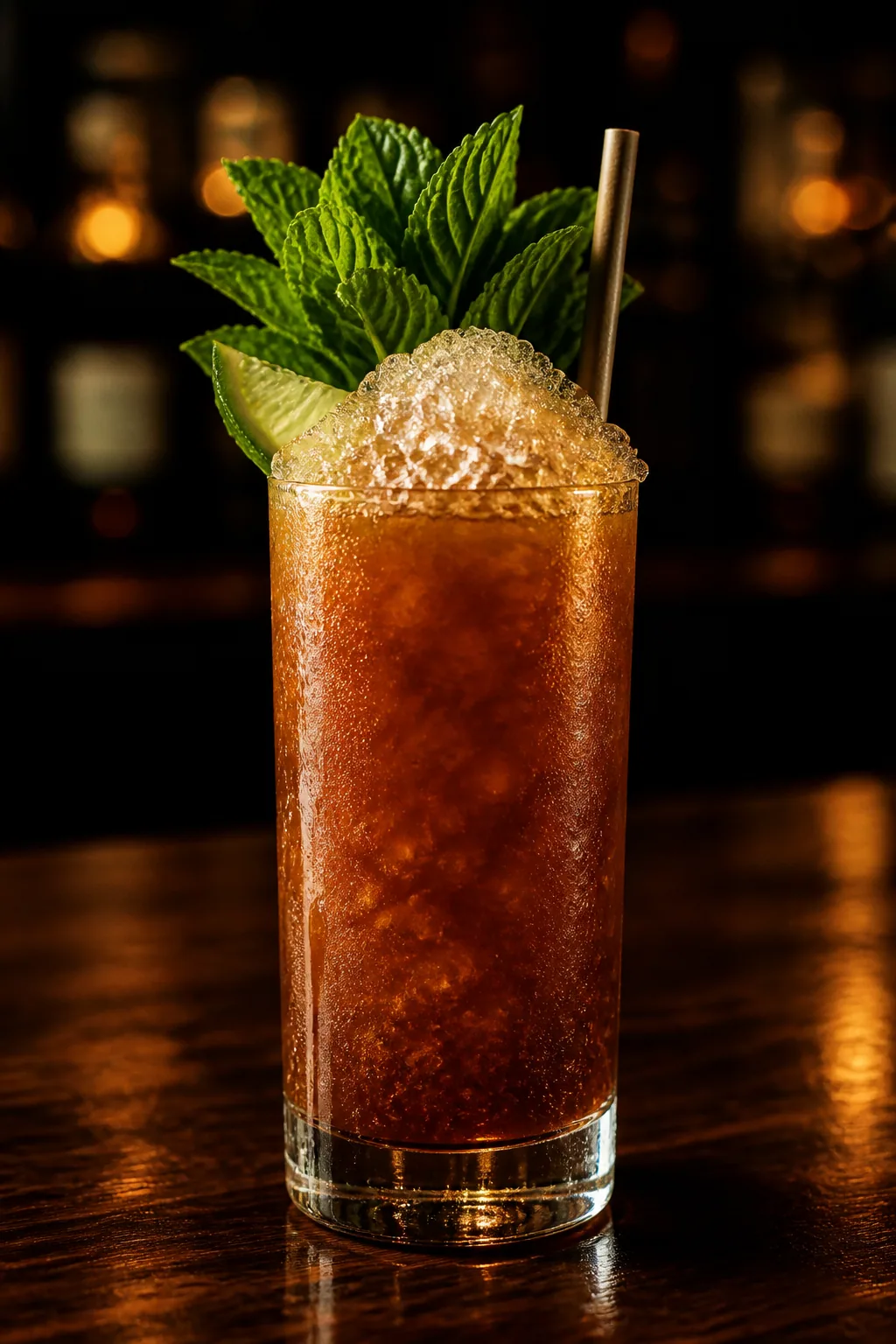 Zombie i högt glas med krossis, bärnstensbrun drink och en stor myntakvist