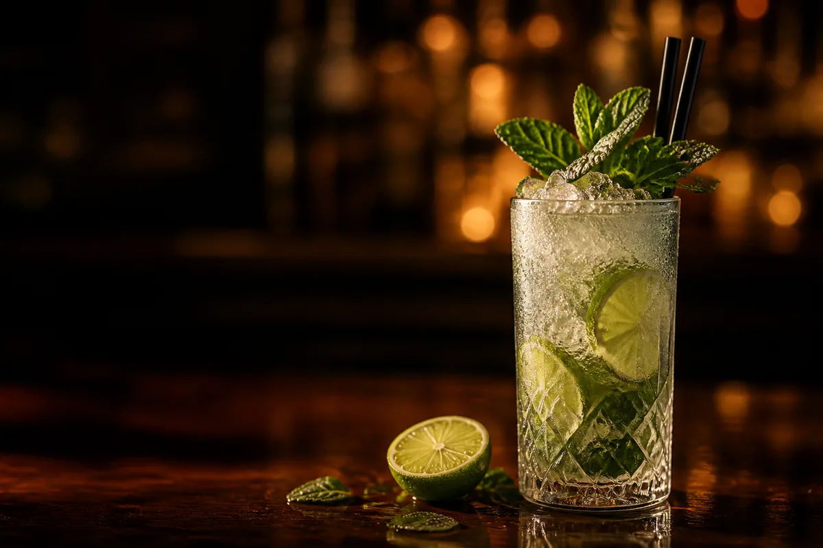 Mojito i highballglas med krossis, lime och mynta framför en mörk barhylla