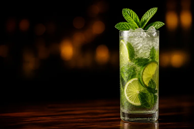 Alkoholfri mojito i highballglas med mynta och lime