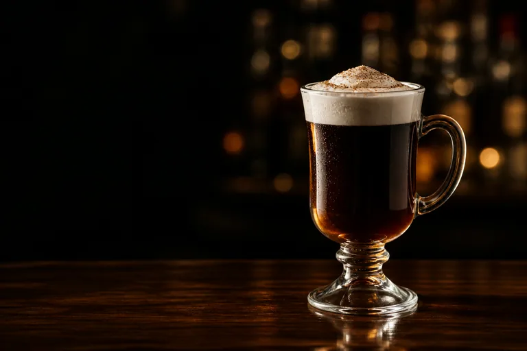 Irish coffee i glas med handtag och lock av vispad grädde