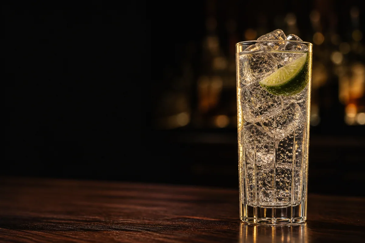 Gin & tonic i högt glas med mycket is och limeklyfta