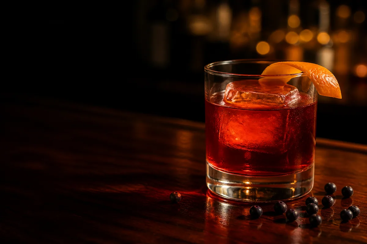 Negroni i lowballglas med apelsinzest, mörk bakgrund