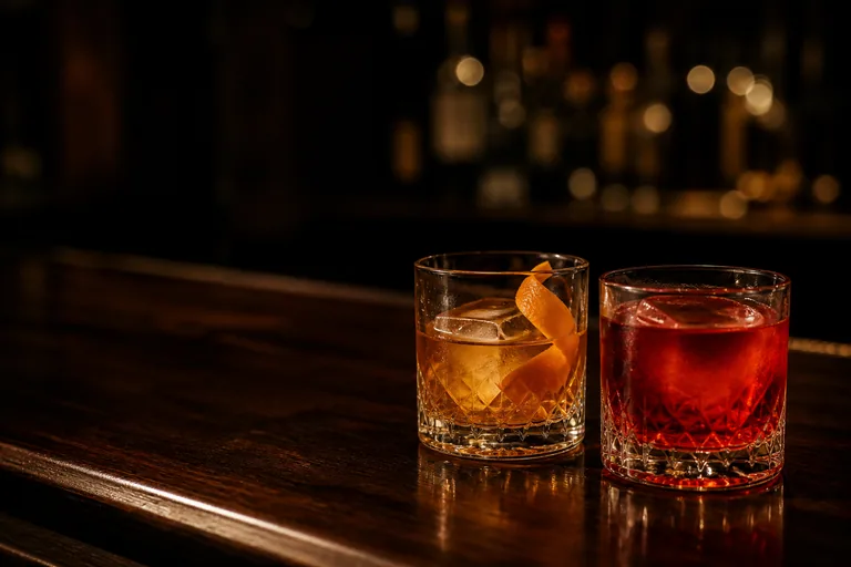 Old Fashioned och Negroni på en mörk barskiva i varmt ljus