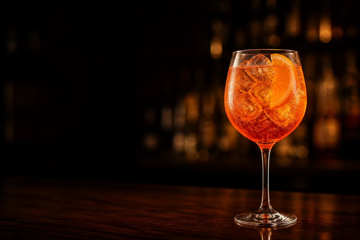 Aperol Spritz i vinglas med apelsinskiva och bubblor
