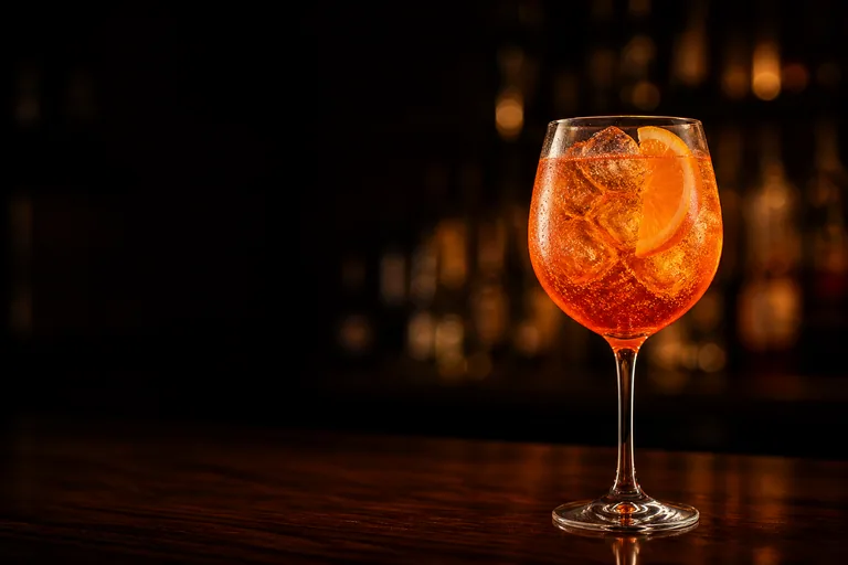 Aperol Spritz i vinglas med apelsinskiva och bubblor